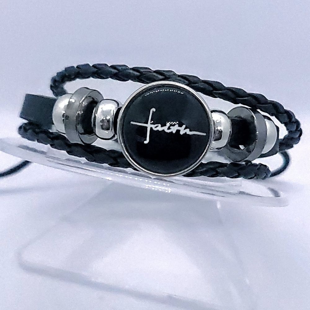 NEW Faith Round Beaded Black Braided Faux Leather Bracelet Religious Christian